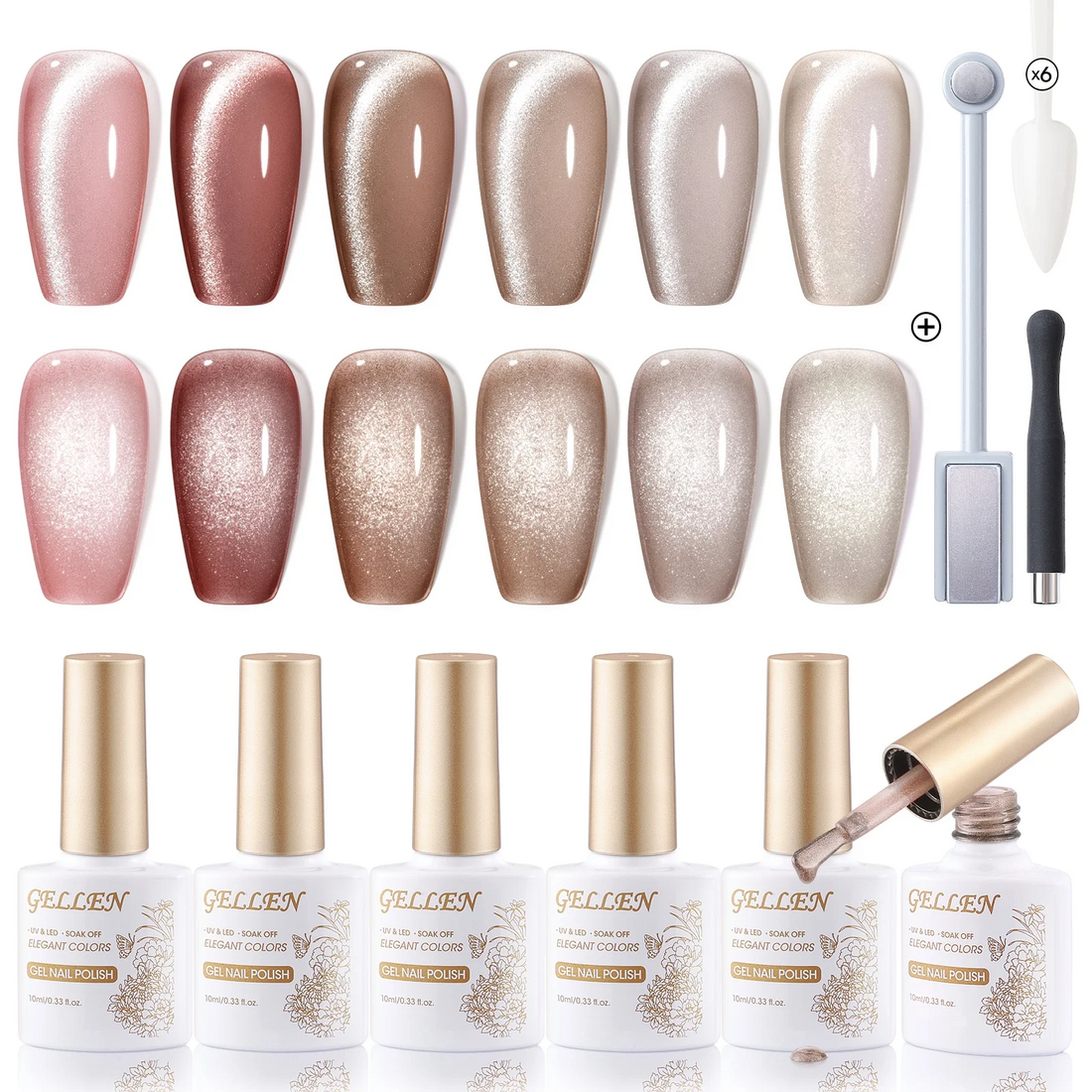 Gellen Cat Eye Gel Nail Polish Kit - Natural Nudes Series 6 Color Cat Eye Gel Polish Set, Soak off Nail Gel Home Salon Use 10ml