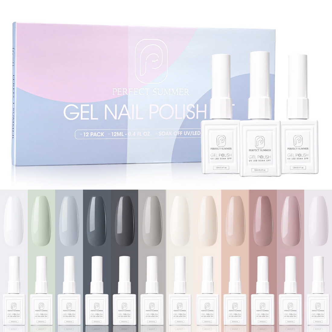 Perfect Summer Gel Nail Polish Set, 12 Colors Gel Polish, Gray Nude Shellac Nail Polish Set, Nail Art Soak Off LED Gel Nail Kit, DIY Home Salon Manicure Gifts for Women Girls