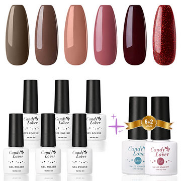 Candy Lover Gel Nail Polish Kit with Top Base Coat, 6 Red Brown Pink Colors with Top Coat and Base Coat, Quick Dry, Long-lasting, UV Gel Polish, No Wipe Soak Off Nail Polish, Nail Art Gift for Women