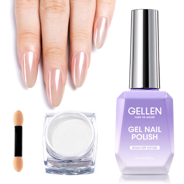 Gellen Gel Polish Chrome Nail Powder Kit - 1Pc 18ml Brown Gel Nail Polish and 1Pc Pearl Nail Chrome Powder, Iridescent Aurora Mirror Effect Pigment for Nail Polish Nail Art