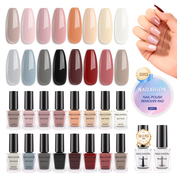 Nailshion Quick Air Dry Nail Polish Set, 16 Colors 10ML Nude Gray Burgundy Nail Polish with Clear Base Top Coat and 35Pcs Remover Pads Fall Regular Nail Lacquer Gift for Women Girls