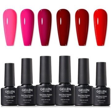 Gellen Pink Gel Nail Polish, 6 Colors Dark Pink Hot Pink Wine Pink Gel Polish Set Blood Red Bright Red Soak Off Nail Gel Kit for Christmas Nail Art Home Diy Manicure