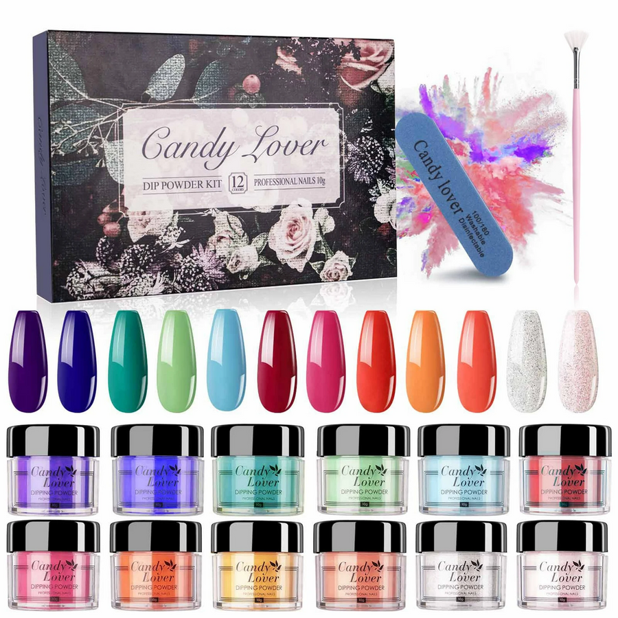 Candy Lover Dip Powder Nail Dip Powder Set, 12 Nail Dip Colors, Holiday Colors Collection Dipping Powder, Red Yellow Orange Green Blue Glitter Dip Manicure