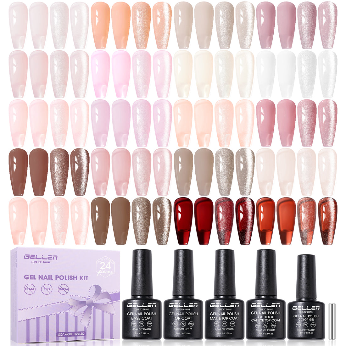Gellen 24Pcs Gel Nail Polish Set, 20Colors Elegant Jelly Gel Polish with Base Coat & Glossy Matte Cateye Top Coat, HEMA TMPTA TPO 3-Free Red Pink Green White UV Cured Soak off Nail Kit for Women