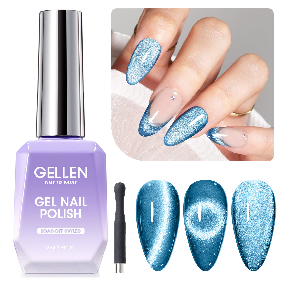 Gellen Cat Eye Gel Nail Polish, 18ml Gel Polish with Magnet Stick, Magnetic Shimmer Glitter Holographic Nail Polish Soak Off LED Gel for Nail Art DIY, Sea Blue