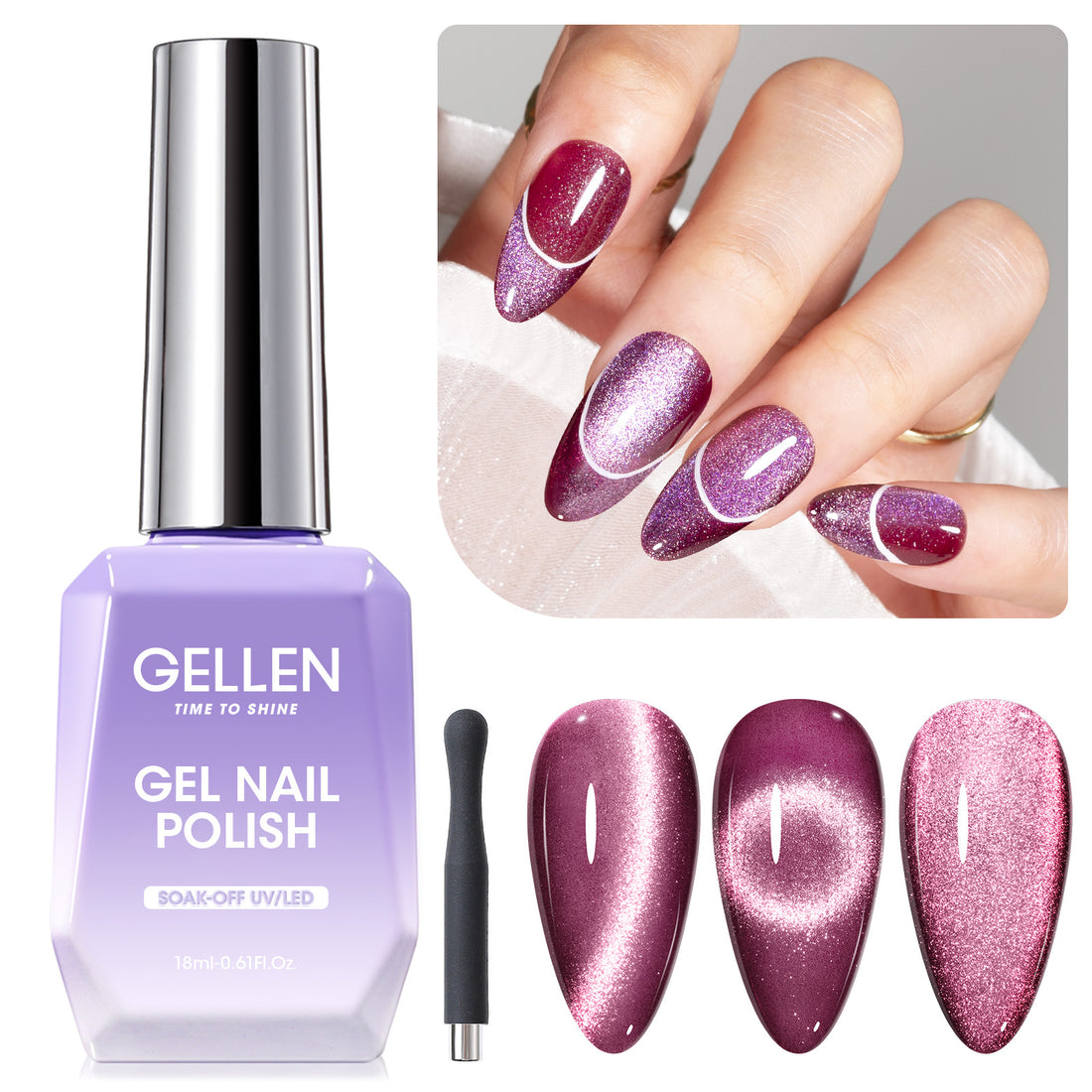 Gellen Cat Eye Gel Nail Polish, 18ml Gel Polish with Magnet Stick, Magnetic Shimmer Glitter Holographic Nail Polish Soak Off LED Gel for Nail Art DIY, Wine Purple