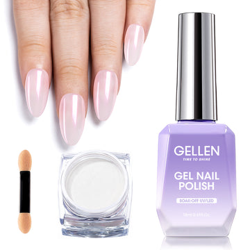 Gellen Gel Polish Chrome Nail Powder Kit - 1Pc 18ml Pale Pink Gel Nail Polish and 1Pc Pearl Nail Chrome Powder, Iridescent Aurora Mirror Effect Pigment for Nail Polish Nail Art