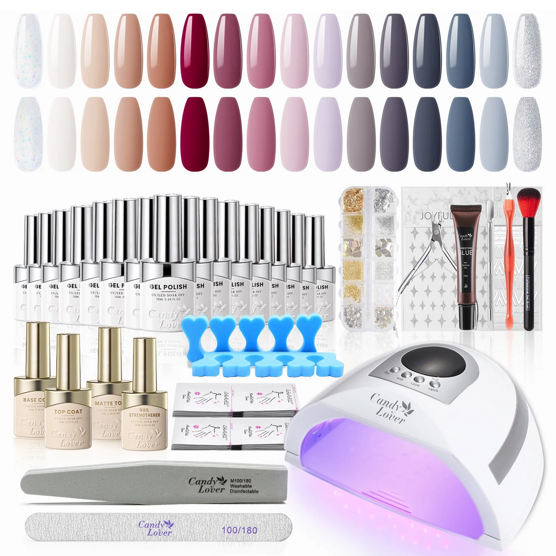 Candy Lover Gel Polish Kit, 16 Nude Gel Colors, 132W UV Nail Lamp, Gel Nail Essential Set, Elegant Colors Gel Nail Polish