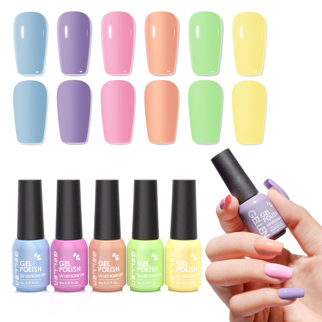 Gellen Gel Nail Polish Set of 6 Same Color Same Bottle Purple Pink Green Macaron Glossy Gel Polish, Soak off Gel Nail Kit for DIY Home Gel Manicure Set for Nail Art