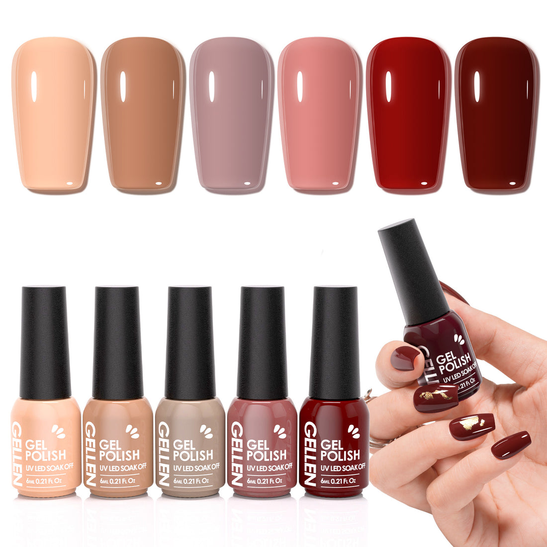 Gellen Gel Nail Polish Set of 6 Same Color Same Bottle Beige Brown Wine Red Nude Glossy Gel Polish, Soak off Gel Nail Kit for DIY Home Gel Manicure Set for Nail Art