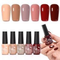 Gellen Gel Nail Polish Set of 6 Same Color Same Bottle Beige Brown Wine Red Nude Glossy Gel Polish, Soak off Gel Nail Kit for DIY Home Gel Manicure Set for Nail Art