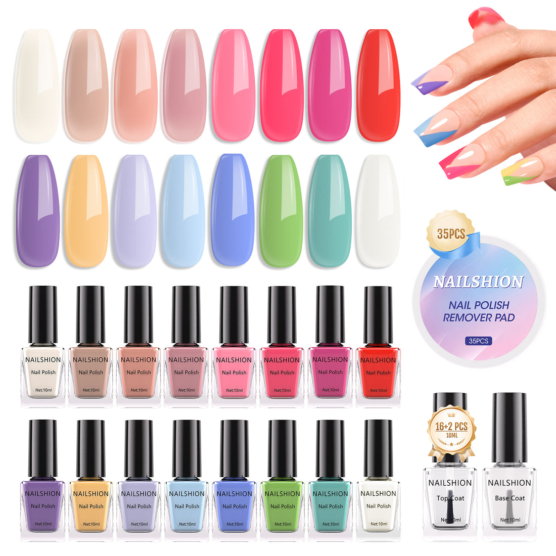 Nailshion Quick Air Dry Nail Polish Set, 16 Colors 10ML Nude Red Blue Green Nail Polish with Clear Base Top Coat and 35Pcs Remover Pads All Season Regular Nail Lacquer Gift for Women Girls