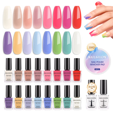Nailshion Quick Air Dry Nail Polish Set, 16 Colors 10ML Nude Red Blue Green Nail Polish with Clear Base Top Coat and 35Pcs Remover Pads All Season Regular Nail Lacquer Gift for Women Girls