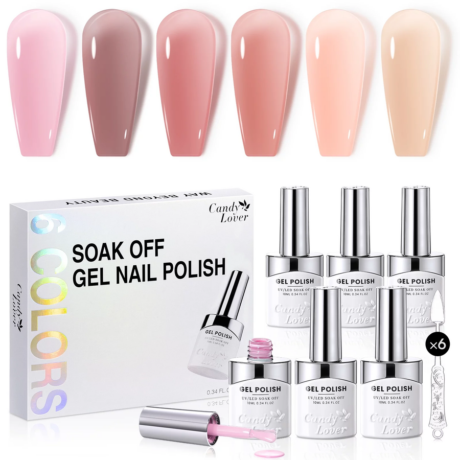 Candy Lover Gel Nail Polish Kit, 6 Jelly Sheer Nudes Peach Pink Brown Milky Colors Gel, Translucent Nail Polish Gel, UV Nail Polish