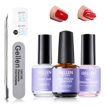 Gellen Gel Polish Remover Kit, 3-5 minutes Quick Removal, with Liquid Latex Tape Easy Peel Off & Nail Strengthener & Manicure Tools, No Need Wrapping or Soaking