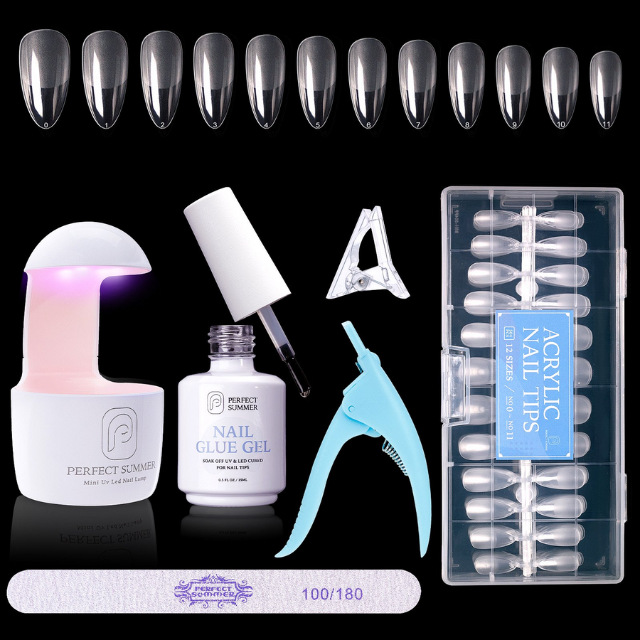 Perfect Summer Nail Tips and Glue Gel Kit, 504Pcs Almond Clear False Nail Tips, 3 in 1 Nail Glue Gel, Portable UV Nail Lamp, Gel Nail Extension Kit, Acrylic Nail Kit