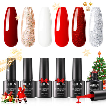 Gellen Red Gel Nail Polish, 6 Colors Red Burgundy Glitter Gel Polish Set Snow White Gold Silver Sparkle Soak Off Nail Gel Kit for Christmas Nail Art Home Diy Manicure