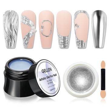 Gellen Artistic Gel for Nail, 3D Nail Gel Sculpting Gel for Nail Art, 0.27 Fl.Oz Sculpture Gel with Silver Chrome Powder, No Wipe Soak Off UV Molding Gel