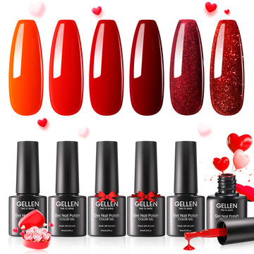 Gellen Red Gel Nail Polish, 6 Colors Red Burgundy Gel Polish Set Glitter Red Soak Off Nail Gel Kit for Valentine Nail Art Home Diy Manicure