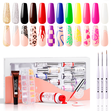 Gellen Gel Liner Nail Polish, 12 Colors Bright Jewelry Fashion Color Nail Art Gel Nail Polish Set, Gel Polish Soak Off UV Cure Gel Built Thin Nail Brush Christmas Gifts for Women