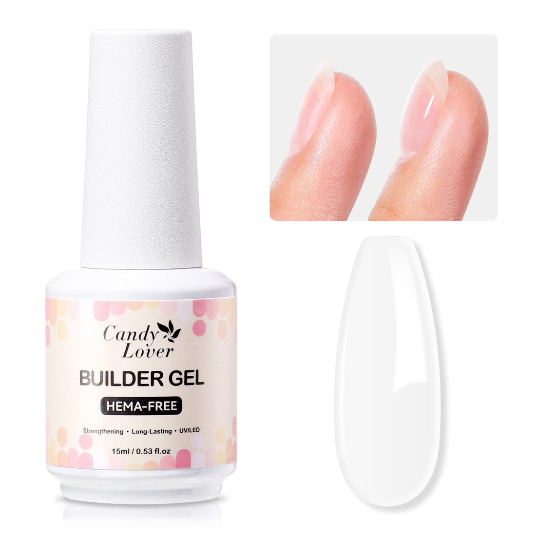 Candy Lover Nail Builder Gel, 7-in-1 Clear Builder for Nails, UV/LED Cured Rubber Base Coat Color Gel Polish Strengthener Thickening Extension Nail Shaping Rhinestone Glue in a Bottle for DIY Home
