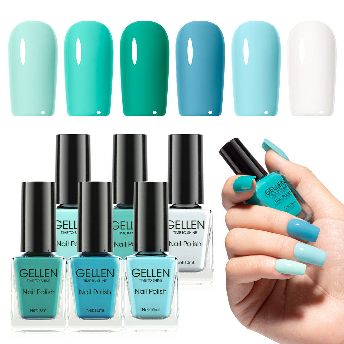 Gellen Nail Polish, Quick Air Dry 6 Colors Nail Lacquer Set Summer Ocean Blue Trendy Nail Polish Kit for Nail Manicure DIY Art Home, No UV Light Needed, 0.33 oz Each Bottle