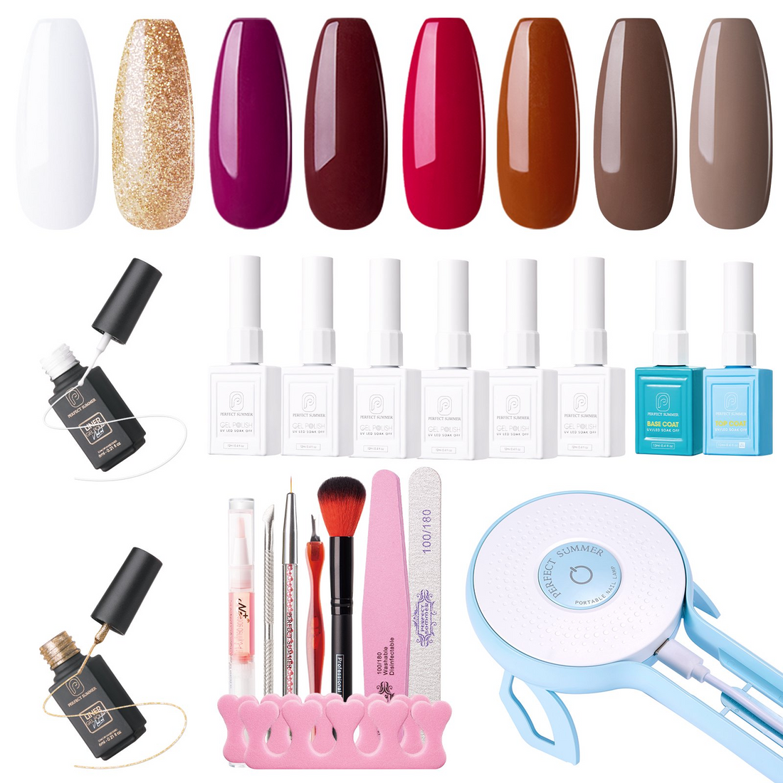 Perfect Summer Gel Nail Polish Kit with UV Lamp, 6 Purple Brown Grey Colors and No Wipe Top Base Coats, 36W Portable Nail Light, 2pcs Liner Gel, Manicure Tools Nail Kit, All-in-One Kit