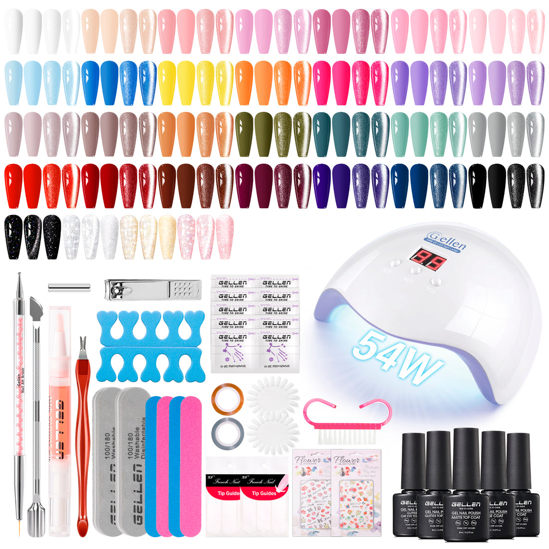Gellen 71Pcs Gel Nail Polish Kit with 54W UV Light, 32Colors Rainbow Glow All Seasons Hema-Free Gel Polish Set with 5pcs Functional Gel Top Base Coat, Nail Art Salon Manicure for Women