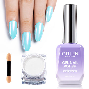 Gellen Gel Polish Chrome Nail Powder Kit - 1Pc 18ml Blue Gel Nail Polish and 1Pc Pearl Nail Chrome Powder, Iridescent Aurora Mirror Effect Pigment for Nail Polish Nail Art