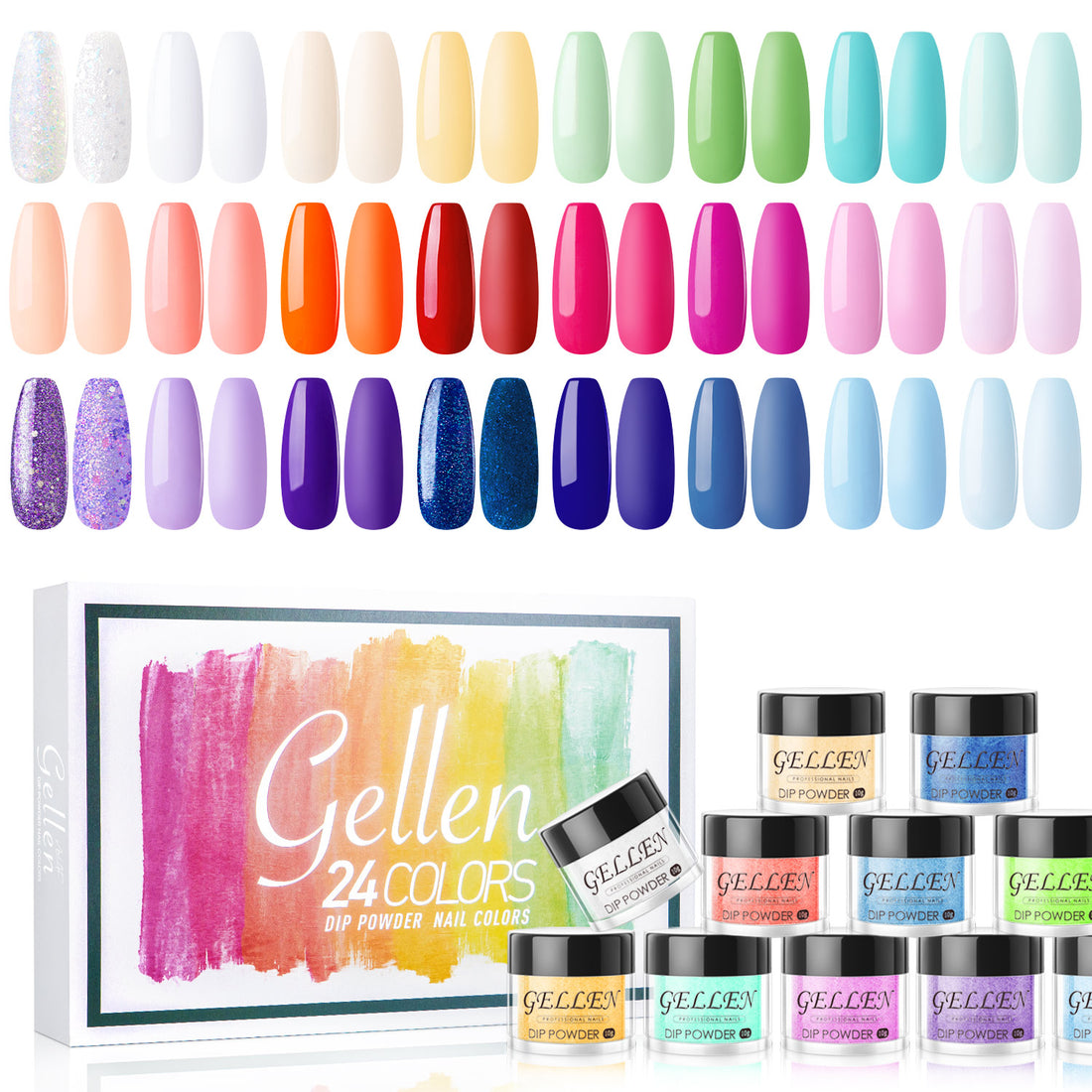 Gellen Dip Powder Nail Kit, 24 Colors Bright Red Pink Purple Glitter Dip Nail Powder Kit, Nail Art All Season Series Dip Powder Set DIY Salon Home Gift for Women