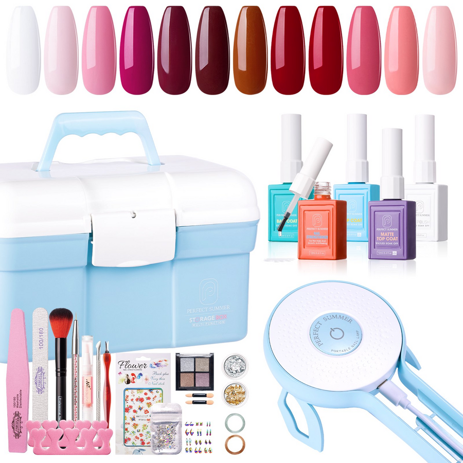 Perfect Summer Gel Nail Polish Kit with UV Lamp, Portable Nail Light Starter Kit with Storage Box, 12 Red Pink Brown Colors Gel Polish, All-in-One Manicure Kit, Gift Kit for Women Girls