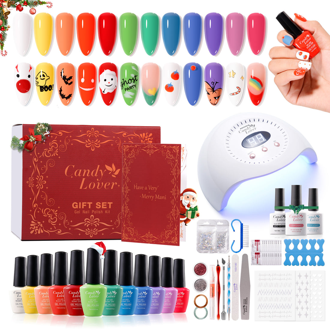 Candy Lover Gel Nail Polish Kit, 12 Colors Rainbow Collection Nail Gel Kit with Greeting Card & 72W UV Nail Lamp, Salon Quality Long-lasting Gel Polish Set, Gift for Girl Women DIY Manicure