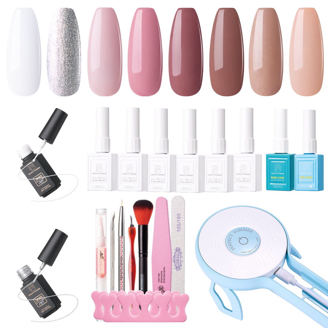 Perfect Summer Gel Nail Polish Kit with UV Lamp, 36W Nail Light, 6 Nude Pink Brown Milky Colors and No Wipe Top Base Coats, 2pcs Liner Gel, Nail Manicure Tools Kit, All-in-One Kit