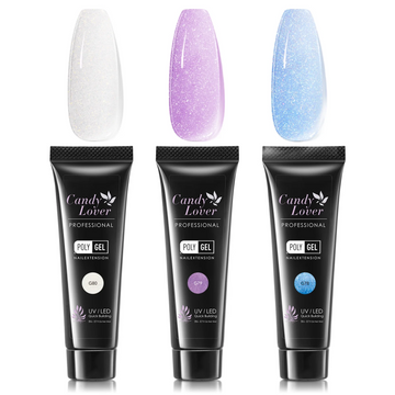 Candy Lover Poly Nail Gel, 3 Glitter Colors Poly Nail Extension Gel Set, Shimmer Clear White Purple Blue Builder Gel for Nail Thickening Solution