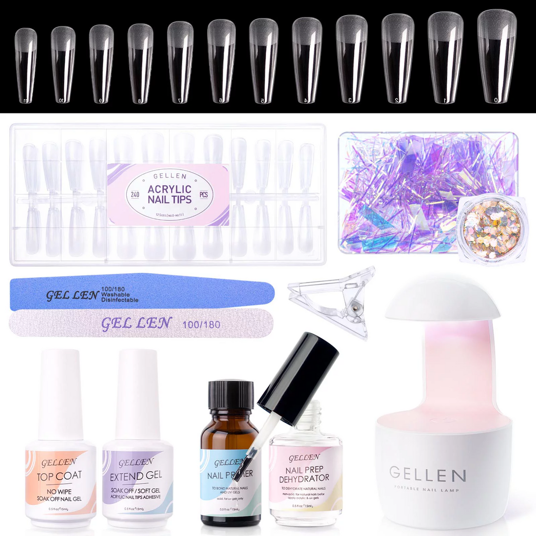 Gellen 240Pcs Gel Tips Nail Extension Kit Coffin False Nail Tips with Nail Glue Gel Kit, Fake Nails Kit with Base & Top Coat and LED Nail Lamp, Easy Diy Fast Extension Manicure Set