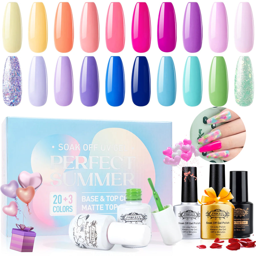 Perfect Summer Gel Nail Polish Kit, 20 Colors Gel Polish Macaron Soft Mist UV Nail Polish Gel Set with Glossy Base Top Coat Matte Coat, Manicure DIY Salon Nail Art Gift for Women Girls