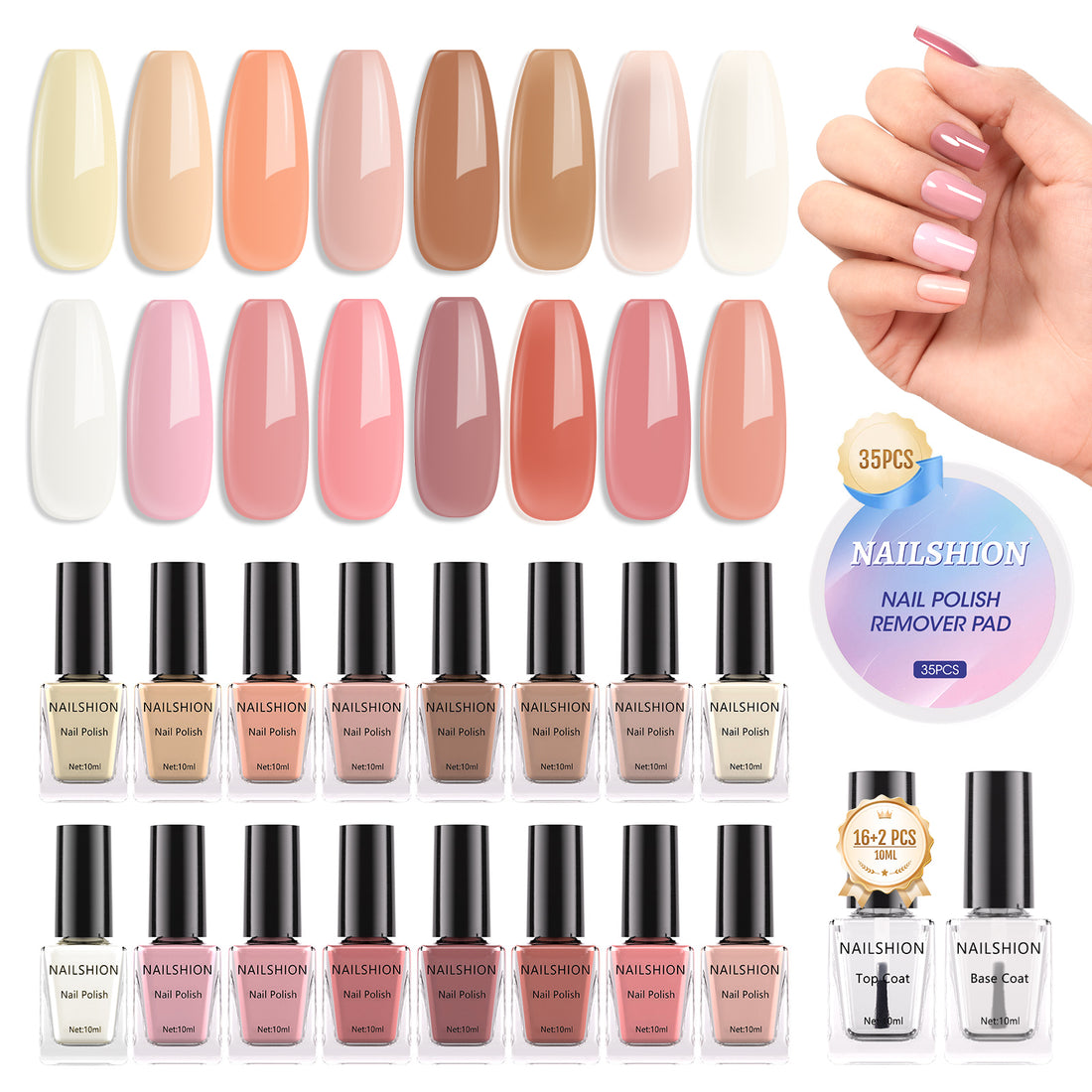 Nailshion Quick Air Dry Nail Polish Set, 16 Colors 10ML Nude Pink Peachy Nail Polish with Clear Base Top Coat and 35Pcs Remover Pads All Season Regular Nail Lacquer Gift for Women Girls