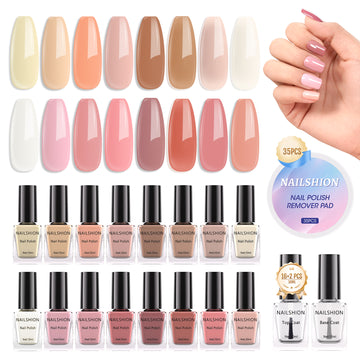 Nailshion Quick Air Dry Nail Polish Set, 16 Colors 10ML Nude Pink Peachy Nail Polish with Clear Base Top Coat and 35Pcs Remover Pads All Season Regular Nail Lacquer Gift for Women Girls