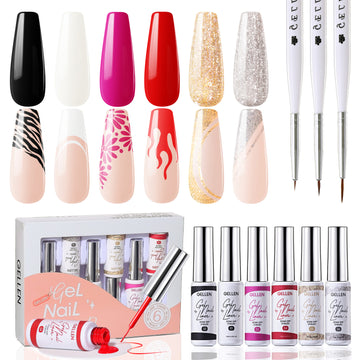 Gellen Gel Liner Nail Polish, 6 Colors Black White Red Nail Art Gel Nail Polish Set, Gel Polish Soak Off UV Cure Gel Built Thin Nail Brush Christmas Gifts for Women