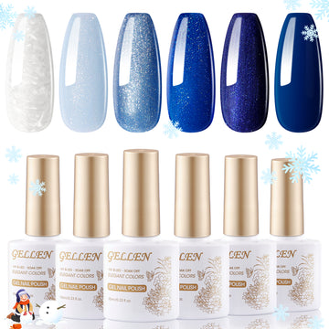 Gellen Blue Gel Nail Polish Set, 6 Colors Glitter Royal Blue Dark Blue Pearlescent Shell White Nail Gel Polish, No Wipe Soak Off UV Gel for DIY Nail Art Salon Manicure, 10ml/0.33oz