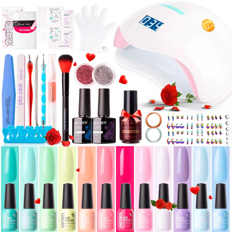 Gellen 12 Colors Colorful Rainbow Gel Nail Polish Starter Manicure Sets - with 72W UV/LED Nail Lamp