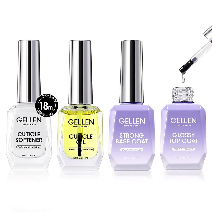 Gellen Cuticle Oil & Softener for Nails, 4 Pcs 18ml Nail Care Kit with Gel Top Coat, Base Coat Gel Polish, Cuticle Softener & Cuticle Oil for Nails, Gel Nail Polish Kit for Nail Salon Home Use