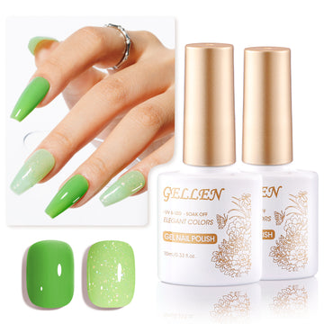 Gellen Grass Green Gel Nail Polish and Semi Sheer Shimmer Green Gel Polish, 10ml Sparkle Silver Nail Polish Soak Off No Wipe UV Gel for Nail Art Salon Manicure DIY, Christmas Gifts for Women