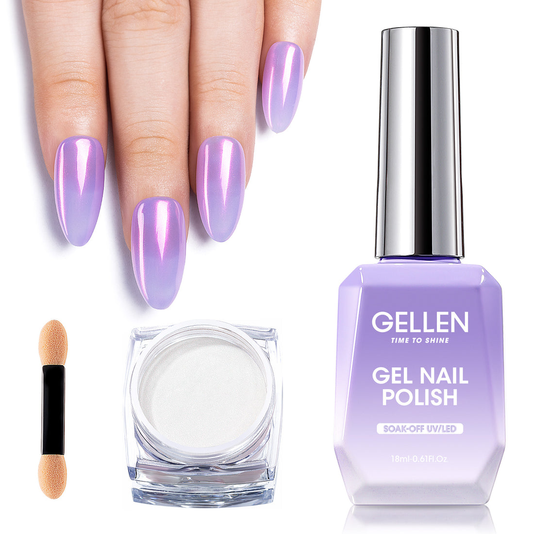 Gellen Gel Polish Chrome Nail Powder Kit - 1Pc 18ml Purple Gel Nail Polish and 1Pc Pearl Nail Chrome Powder, Iridescent Aurora Mirror Effect Pigment for Nail Polish Nail Art