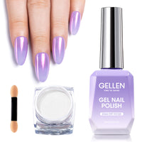 Gellen Gel Polish Chrome Nail Powder Kit - 1Pc 18ml Purple Gel Nail Polish and 1Pc Pearl Nail Chrome Powder, Iridescent Aurora Mirror Effect Pigment for Nail Polish Nail Art