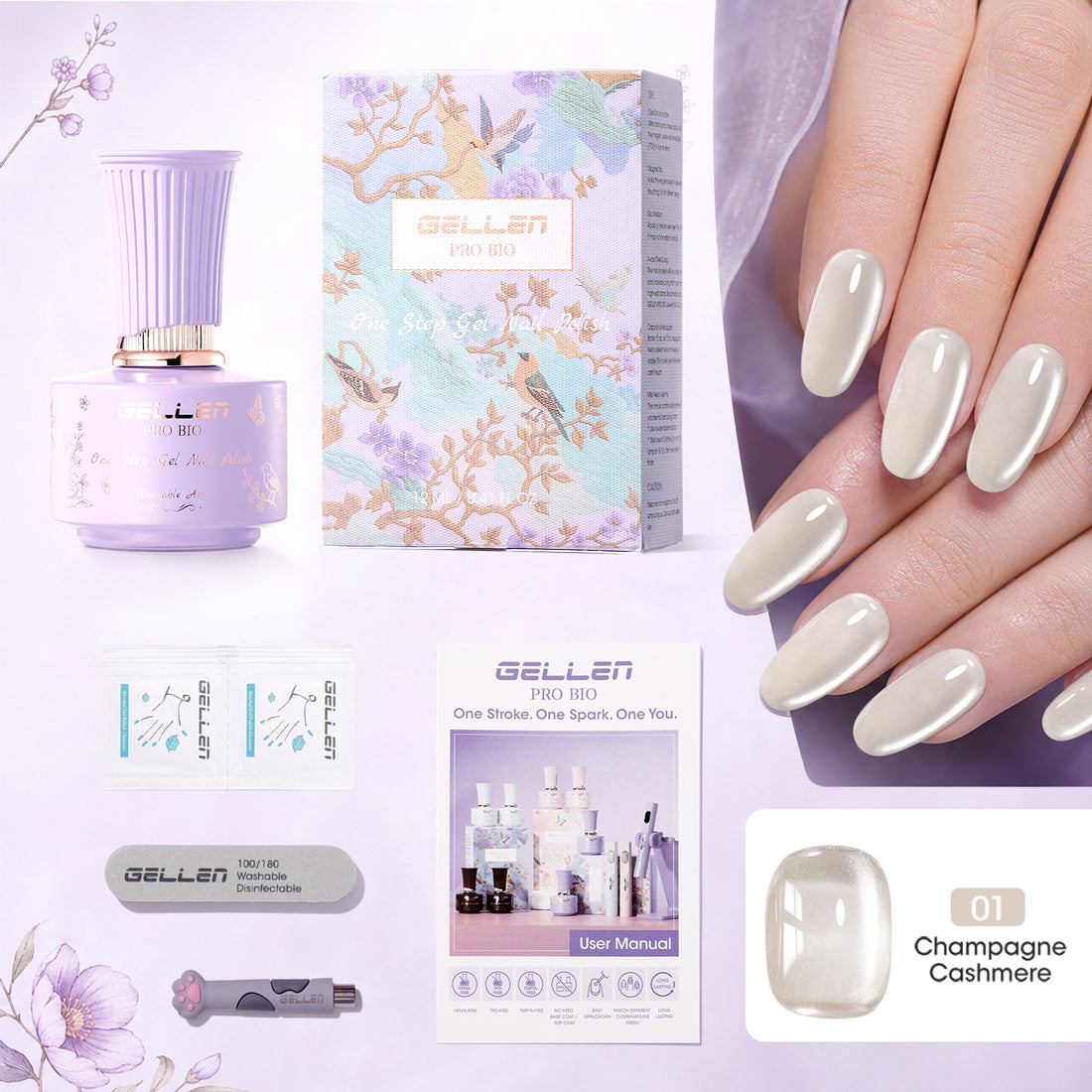 Gellen One Step Cat Eye Gel Nail Polish, 5-in-1 Magnetic Gel Polish Set, UV Lamp Needed Cured, No Base Top Needed, DIY Manicure for Women Beginners, 01 Milky Champagne Gold