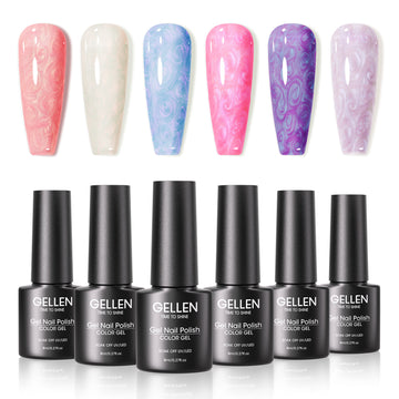 Gellen Pearl Gel Nail Polish, 6 Colors Glitter White Pink Purple Blue Red Light Purple Pearl Shimmer Mermaid Gel Polish Pearlescent Shell Nail Gel Polish Set Swirl Thread Effect Nail Drawing Gel