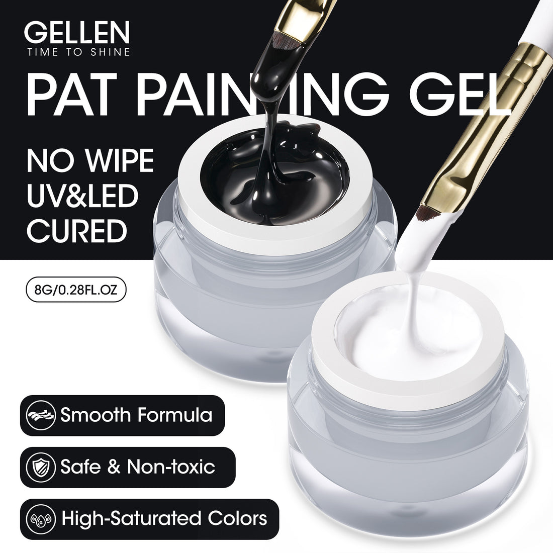 Gellen Black & White Nail Painting Gel, Metal Platinum Reflective Painting Gel Polish for Nails Drawing French-tip Floral Painted Liner Soak off UV/LED Cured for Salon DIY Nail Art