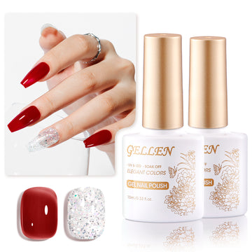 Gellen Red Gel Nail Polish and Sliver Glitter Gel Polish, 10ml Sparkle Silver Nail Polish Soak Off No Wipe UV Gel for Nail Art Salon Manicure DIY, Christmas Gifts for Women