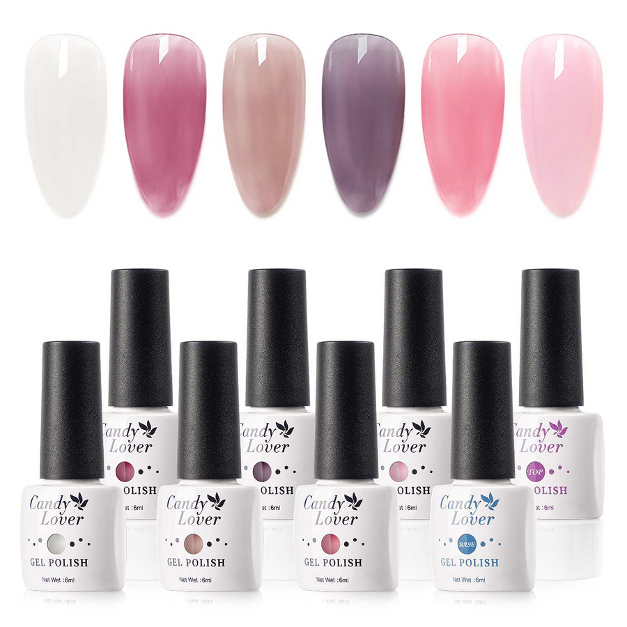 Candy Lover Jelly Gel Nail Polish Kit, 6 Pink Grey Red Sheer Colors Gel Polish with Top Coat and Base Coat, UV Nail Polish Gel